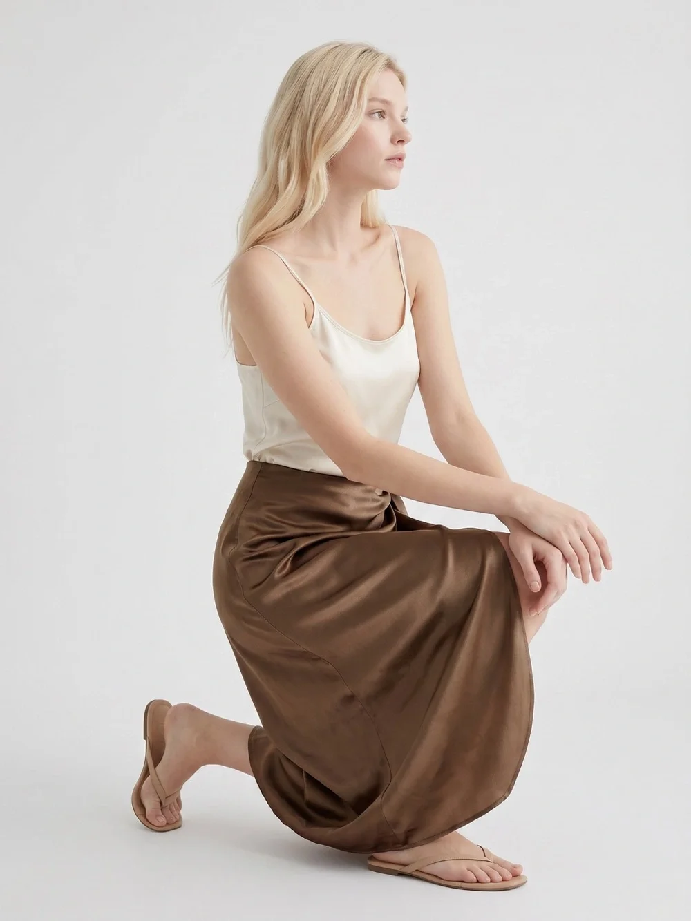 Cinq a Sept 100% silk Tie-Waist Midi Skirt in Taupe. Quiet luxury. l